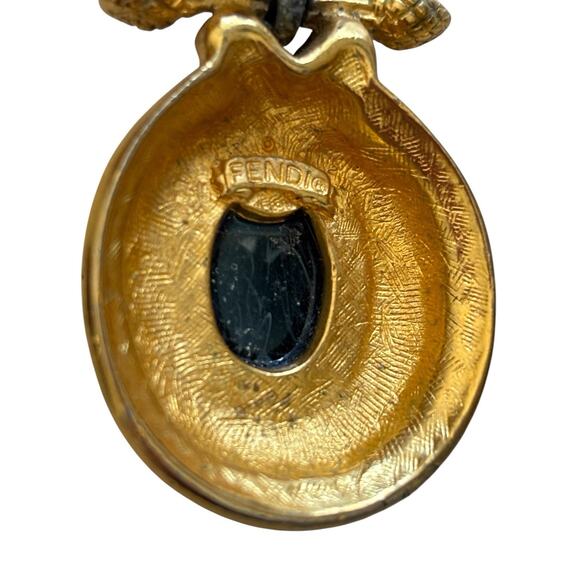 Fendi Blue Gripoix Cabochon Clip Earrings Large Double Dangle Logo 18kt GP - Picture 11 of 12